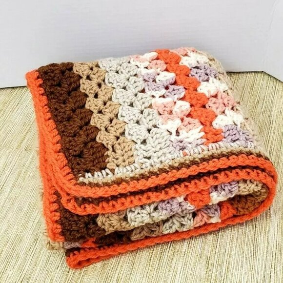 Crochet BABY BLANKET AFGHAN Lap Granny Squares Stripes 38" x 28" Warm Handmade - Picture 8 of 9